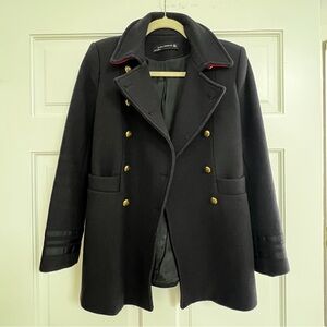 Zara Elegant Black Pea Coat with Gold Accents